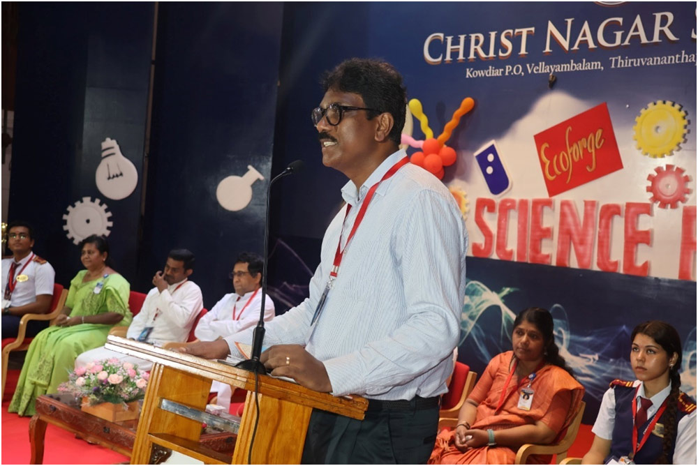 Dr. Suresh C. H. delivering a talk at the 19th Annual Science Fair, Christ Nagar Central School, Kowdiar, Thiruvananthapuram, on November 8, 2024
